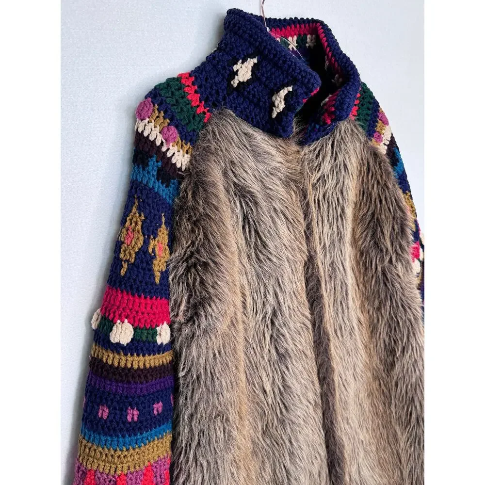 Handmade Upcycled Faux Fur Crochet Coat Boho Folk Art Festival Jacket Unisex M/L